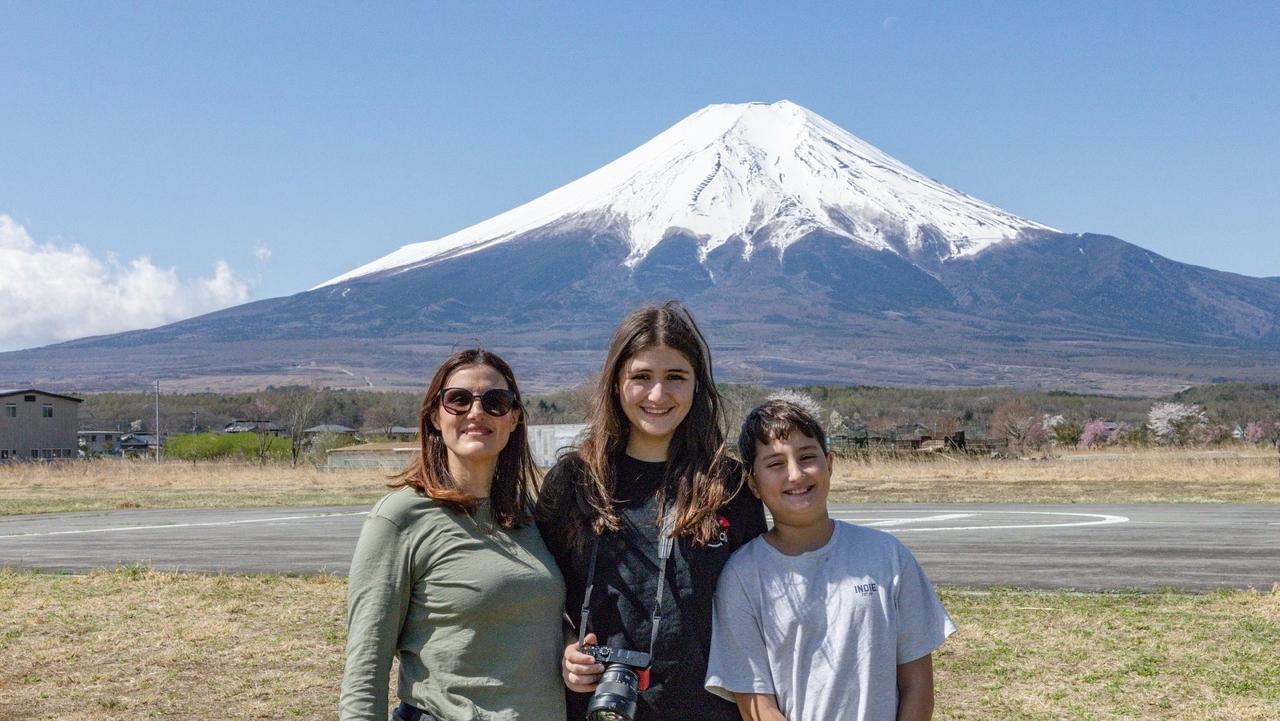 The crew in front of Mount Fuji on a perfect spring day